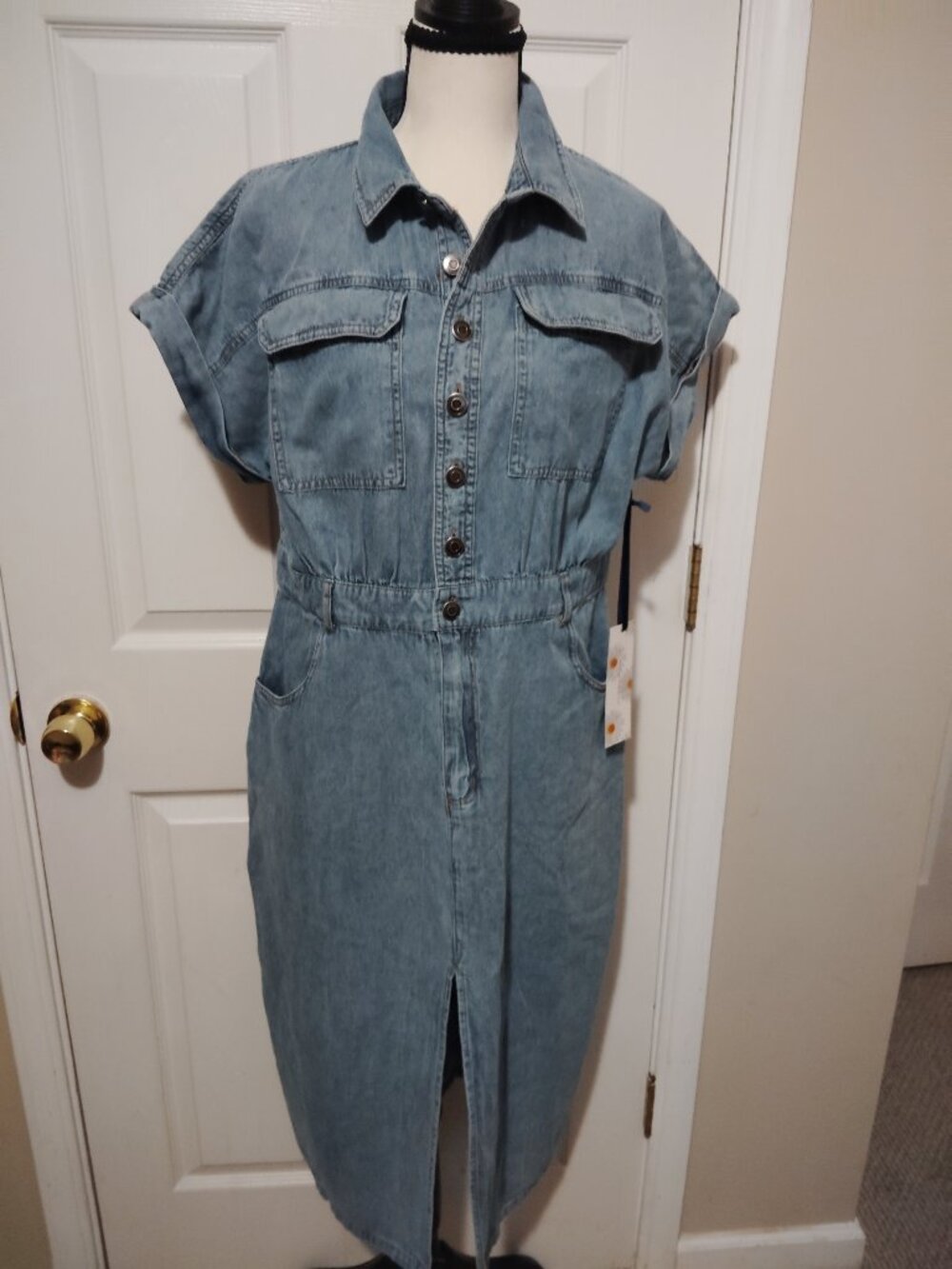 Given Kale Denim Shirt Dress Blue button Front Midi Dress Size Large 100% Cotton - Picture 3 of 5